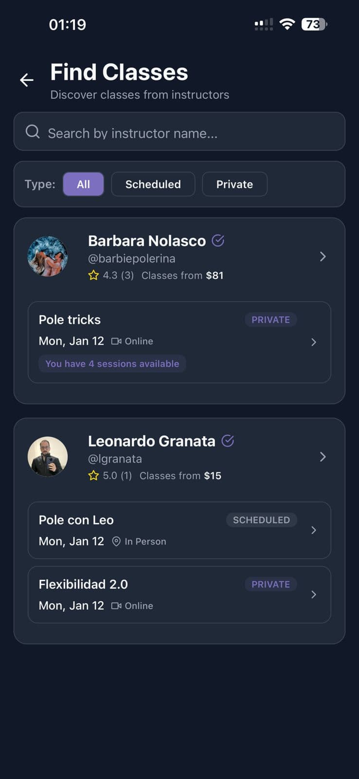 PoleSquad Find Classes